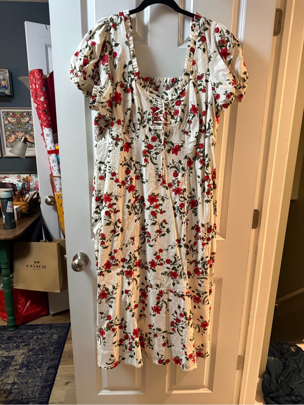 Maeve Cream Midi Dress with Red Floral Print